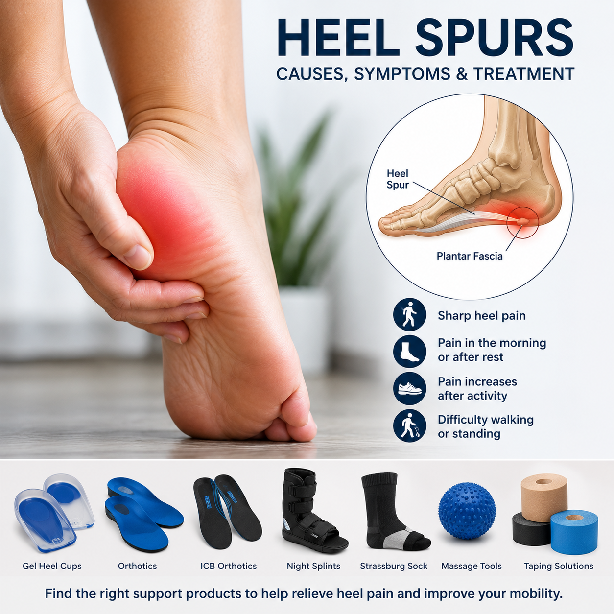 Illustration showing heel spur causing heel pain and plantar fascia inflammation